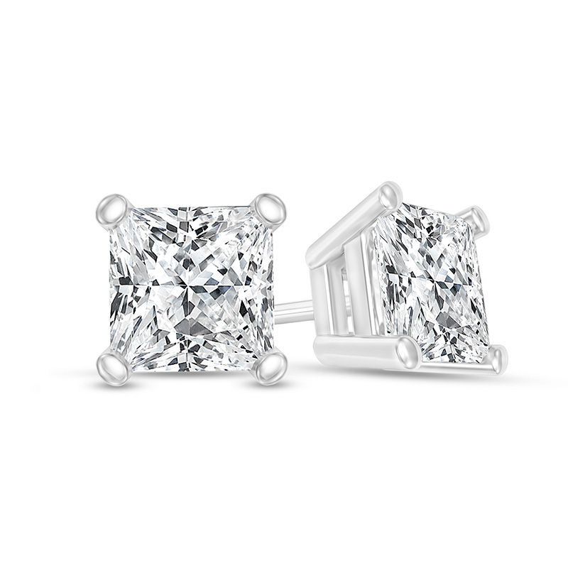 Main Image 1 of 1/2 CT. T.W. Certified Princess-Cut Diamond Solitaire Stud Earrings in 14K White Gold (I/SI2)