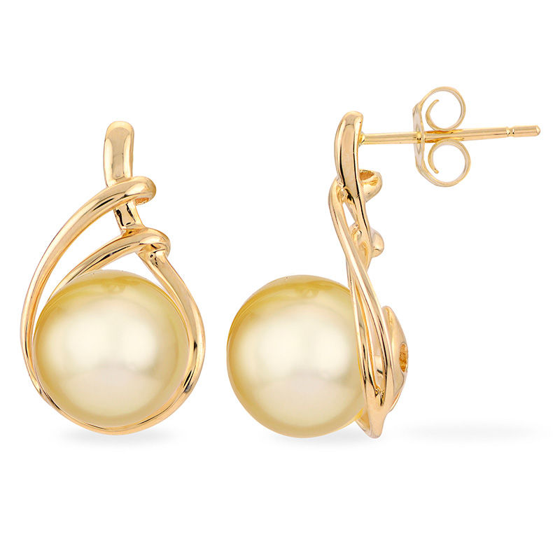 9.0 - 10.0mm Golden Cream Cultured South Sea Pearl Double Loop Teardrop Earrings in 14K Gold