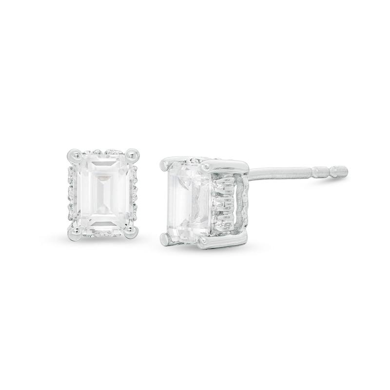 Main Image 1 of 3/4 CT. T.W. Certified Canadian Emerald-Cut Diamond Frame Stud Earrings in 14K White Gold (I/SI2)