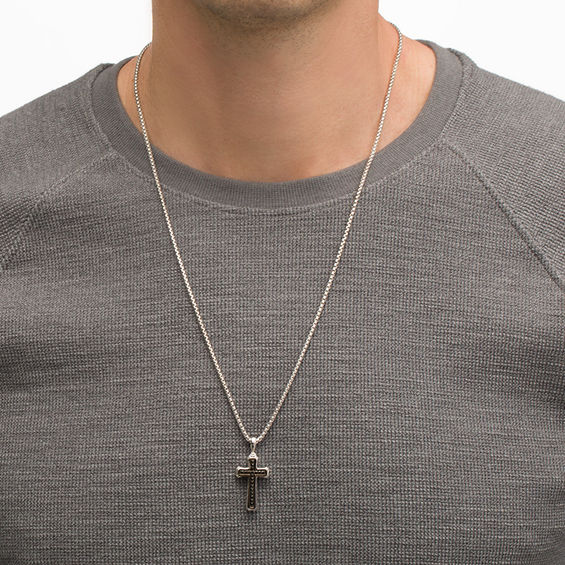 Men's Black Spinel Cross Pendant in Sterling Silver and Black Rhodium - 24"
