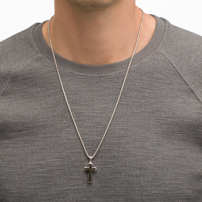 Main Image 2 of Men's Black Spinel Cross Pendant in Sterling Silver and Black Rhodium - 24"