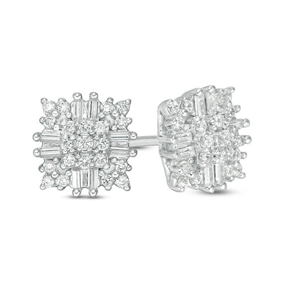 1/3 CT. T.w. Composite Diamond Square Sunburst Frame Stud Earrings in 10K White Gold