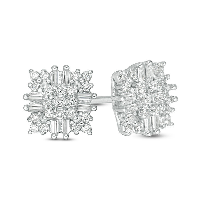 Main Image 1 of 1/3 CT. T.W. Composite Diamond Square Sunburst Frame Stud Earrings in 10K White Gold