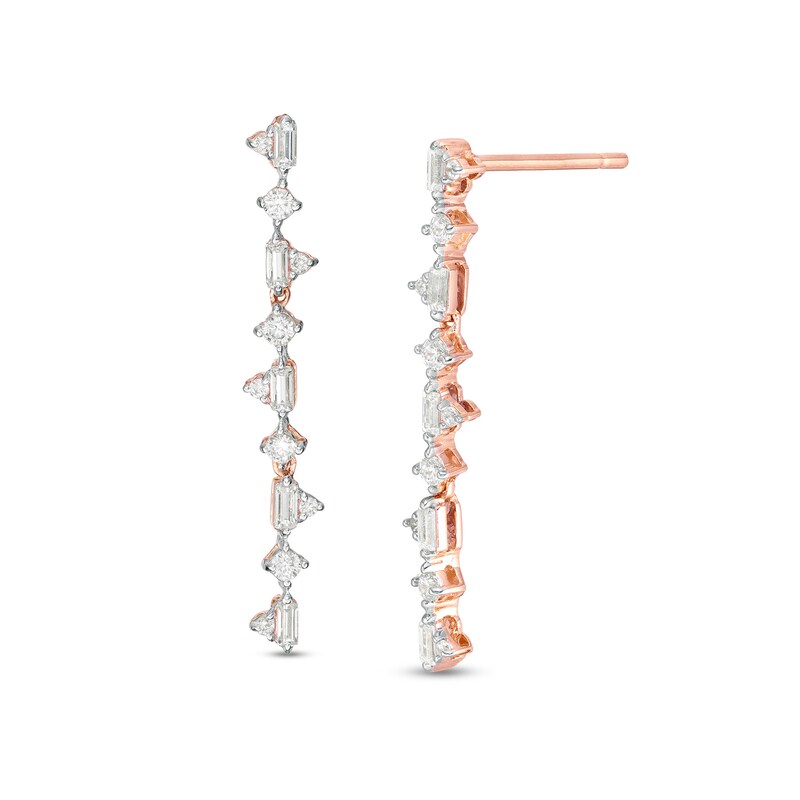 Main Image 1 of 1/4 CT. T.W. Baguette and Round Diamond Alternating Triangle Drop Earrings in 10K Rose Gold