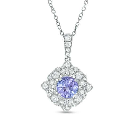 6.0mm Tanzanite and White Topaz Flower Frame Pendant in Sterling Silver