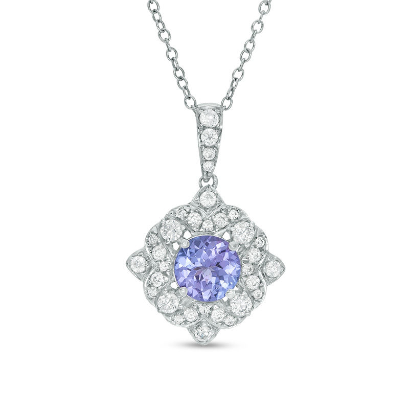 Main Image 1 of 6.0mm Tanzanite and White Topaz Flower Frame Pendant in Sterling Silver