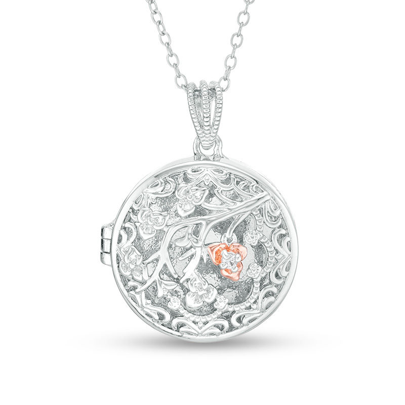 Diamond Accent Blooming Flower Vintage-Style Locket in Sterling Silver and 18K Rose Gold Plate