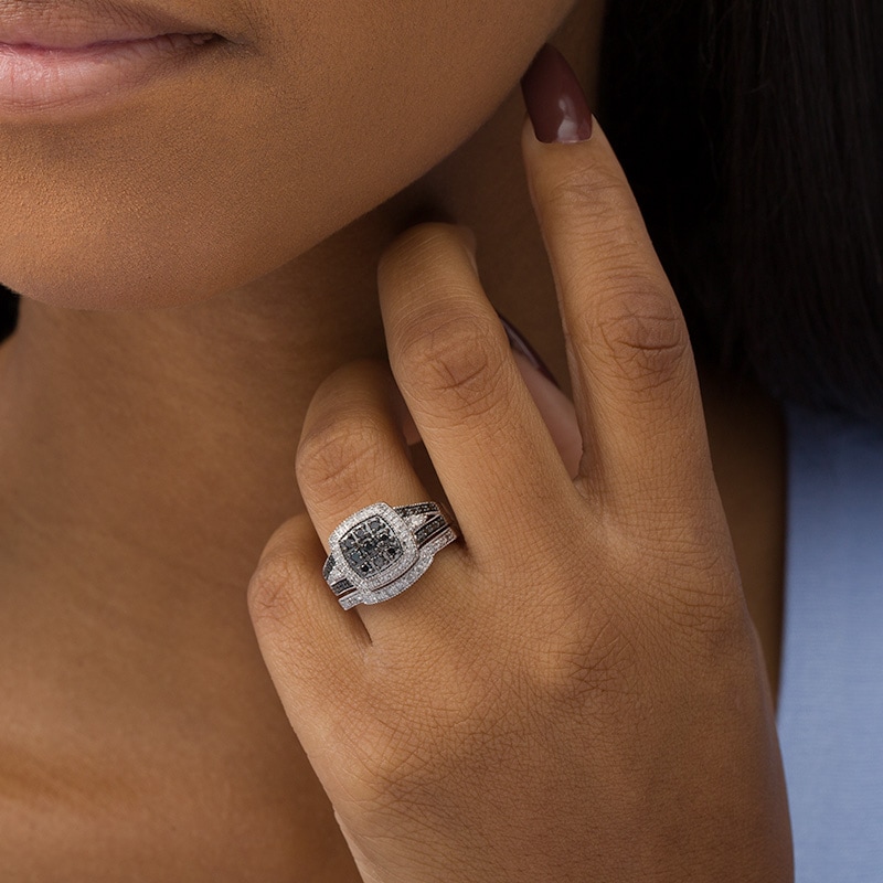 Main Image 2 of 1/2 CT. T.W. Black and White Multi-Diamond Cushion Frame Vintage-Style Bridal Set in Sterling Silver