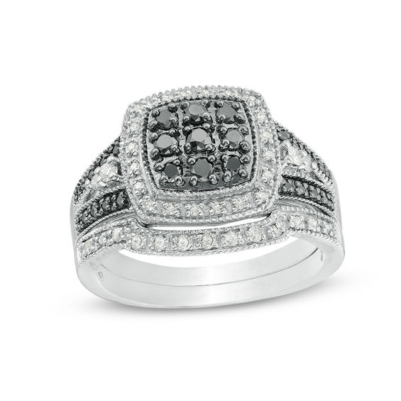 1/2 CT. T.w. Black and White Multi-Diamond Cushion Frame Vintage-Style Bridal Set in Sterling Silver