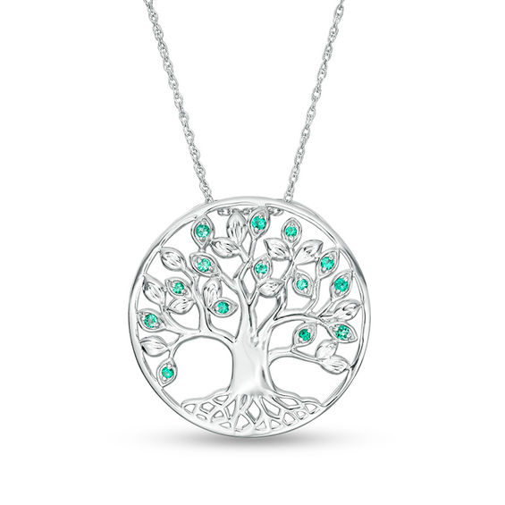 Lab-Created Emerald Tree of Life Circle Pendant in Sterling Silver