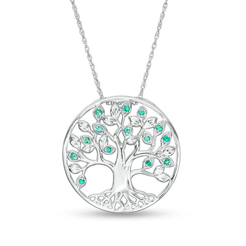 Main Image 1 of Lab-Created Emerald Tree of Life Circle Pendant in Sterling Silver