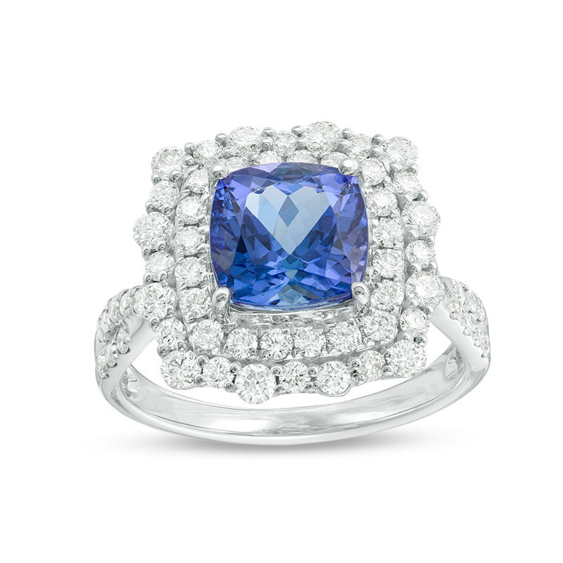 Main Image 1 of Cushion-Cut Tanzanite and 1-1/8 CT. T.W. Diamond Double Scallop Frame Ring in 14K White Gold
