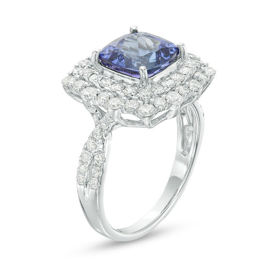 Cushion-Cut Tanzanite and 1-1/8 CT. T.w. Diamond Double Scallop Frame Ring in 14K White Gold