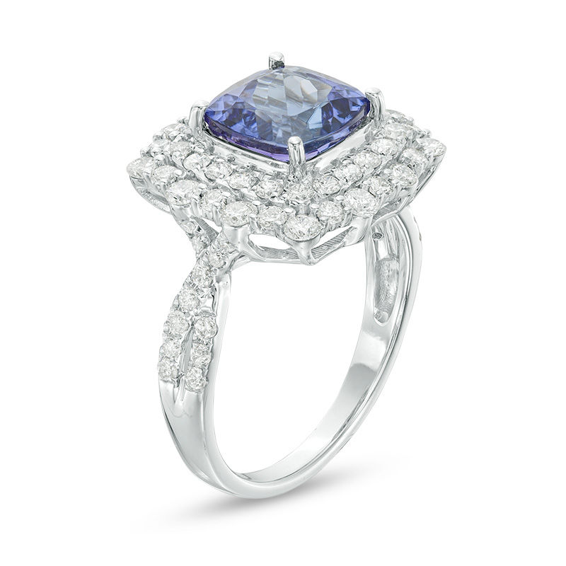 Main Image 2 of Cushion-Cut Tanzanite and 1-1/8 CT. T.W. Diamond Double Scallop Frame Ring in 14K White Gold