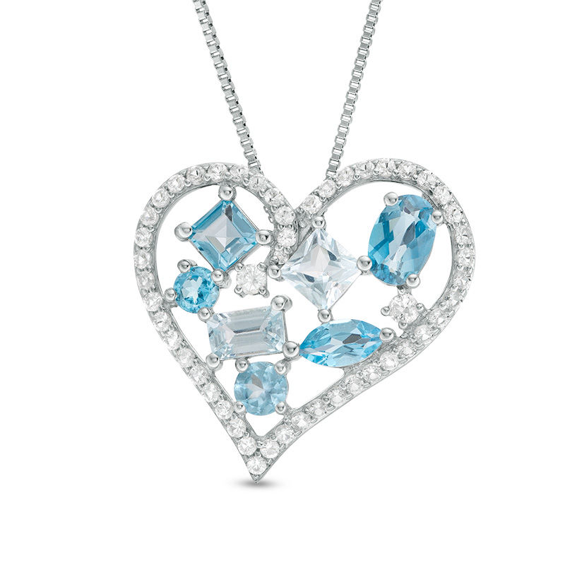 Multi-Shaped London, Swiss and Sky Blue and White Topaz Cluster Heart Pendant in Sterling Silver