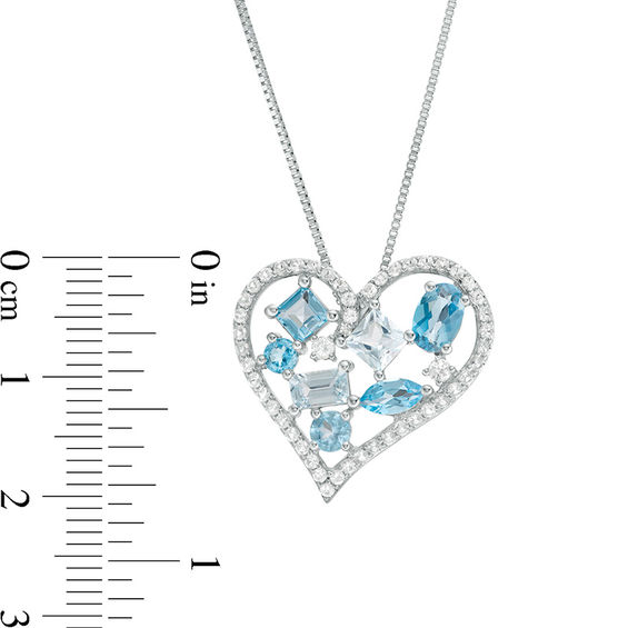 Multi-Shaped London, Swiss and Sky Blue and White Topaz Cluster Heart Pendant in Sterling Silver