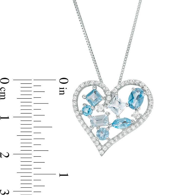 Main Image 3 of Multi-Shaped London, Swiss and Sky Blue and White Topaz Cluster Heart Pendant in Sterling Silver