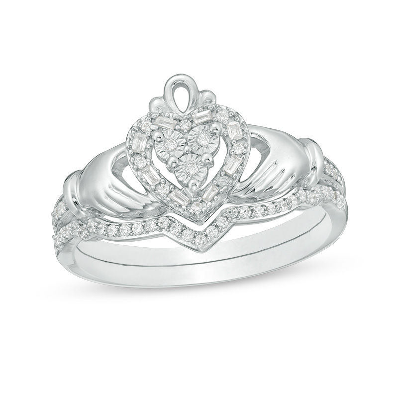 1/5 CT. T.W. Composite Diamond Claddagh Bridal Set in Sterling Silver