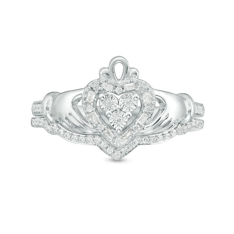 1/5 CT. T.W. Composite Diamond Claddagh Bridal Set in Sterling Silver
