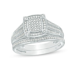3/8 CT. T.W. Multi-Diamond Cushion Frame Bridal Set in Sterling Silver