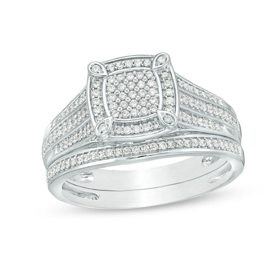3/8 CT. T.w. Multi-Diamond Cushion Frame Bridal Set in Sterling Silver