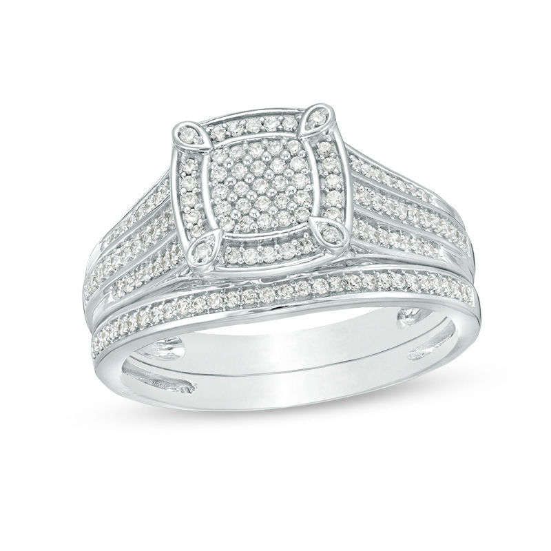 Main Image 1 of 3/8 CT. T.W. Multi-Diamond Cushion Frame Bridal Set in Sterling Silver