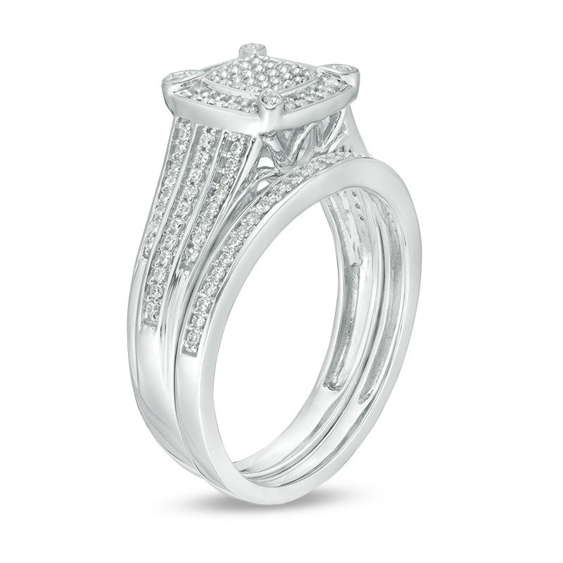 Main Image 3 of 3/8 CT. T.W. Multi-Diamond Cushion Frame Bridal Set in Sterling Silver
