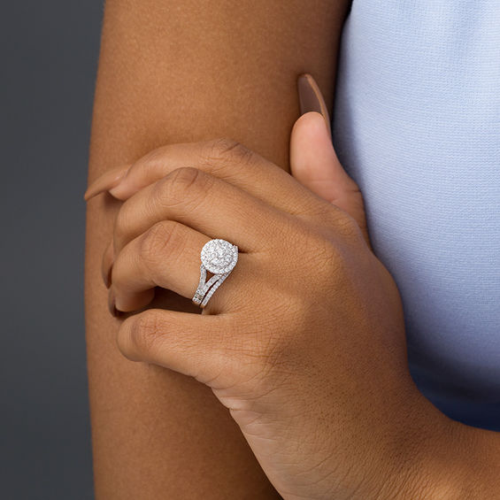 1 CT. T.w. Multi-Diamond Frame Bridal Set in 10K White Gold