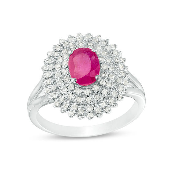 Oval Ruby and 1/3 CT. T.w. Diamond Triple Frame Ring in 10K White Gold