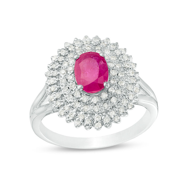 Oval Ruby and 1/3 CT. T.W. Diamond Triple Frame Ring in 10K White Gold