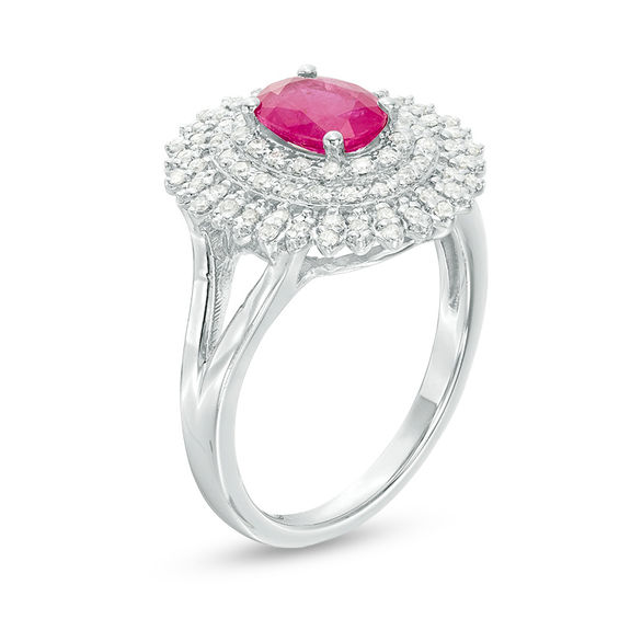 Oval Ruby and 1/3 CT. T.w. Diamond Triple Frame Ring in 10K White Gold