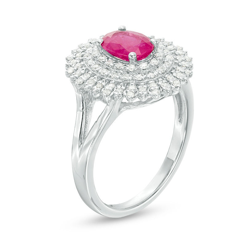 Oval Ruby and 1/3 CT. T.W. Diamond Triple Frame Ring in 10K White Gold