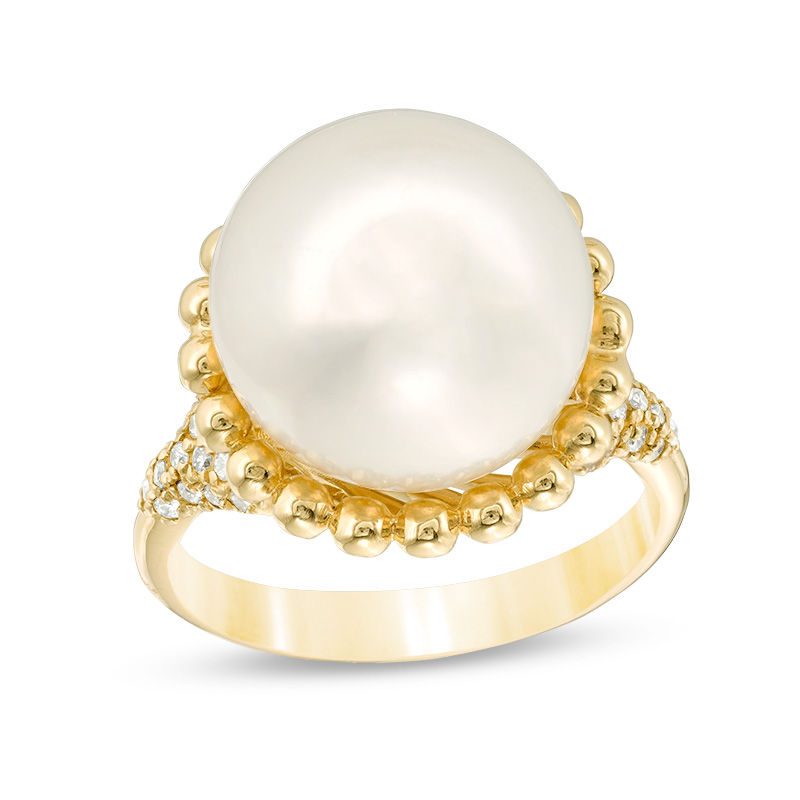 12.0 - 13.0mm Cultured Freshwater Pearl and 1/5 CT. T.W. Diamond Beaded Frame Ring in 14K Gold