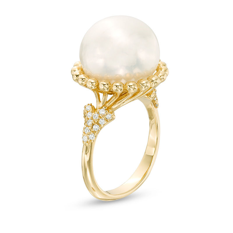 12.0 - 13.0mm Cultured Freshwater Pearl and 1/5 CT. T.W. Diamond Beaded Frame Ring in 14K Gold