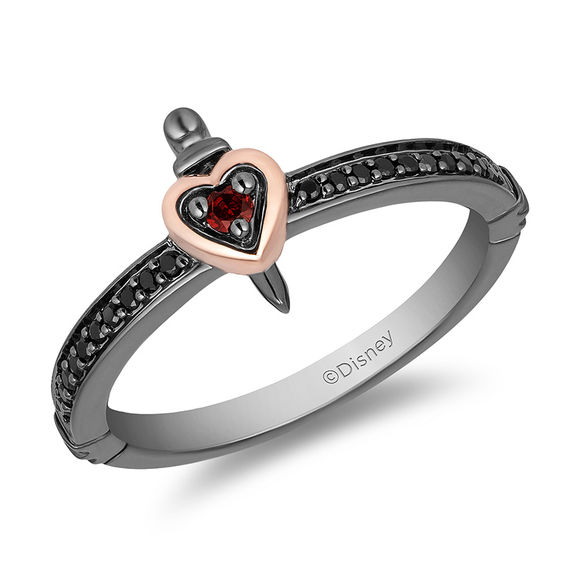 Enchanted Disney Villains Evil Queen Garnet and 1/10 CT. T.w. Diamond Ring in Black Sterling Silver and 10K Rose Gold