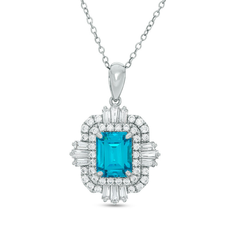 Main Image 1 of Emerald-Cut Swiss Blue and White Topaz Art Deco Pendant in Sterling Silver