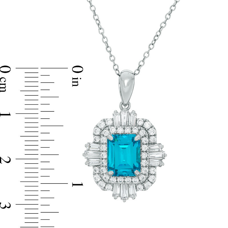 Emerald-Cut Swiss Blue and White Topaz Art Deco Pendant in Sterling Silver