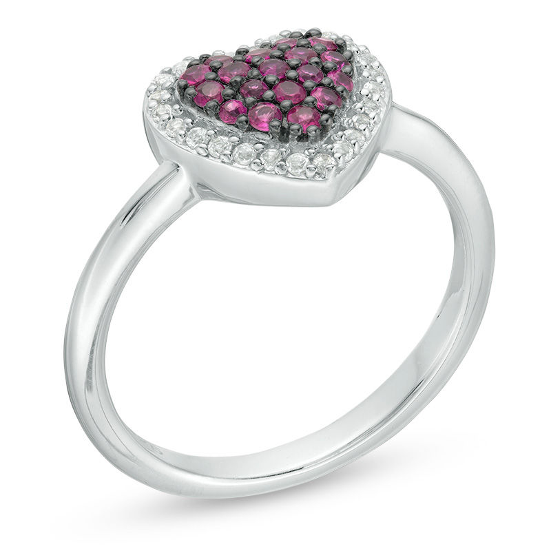 Ruby and White Topaz Heart Cluster Frame Ring in Sterling Silver