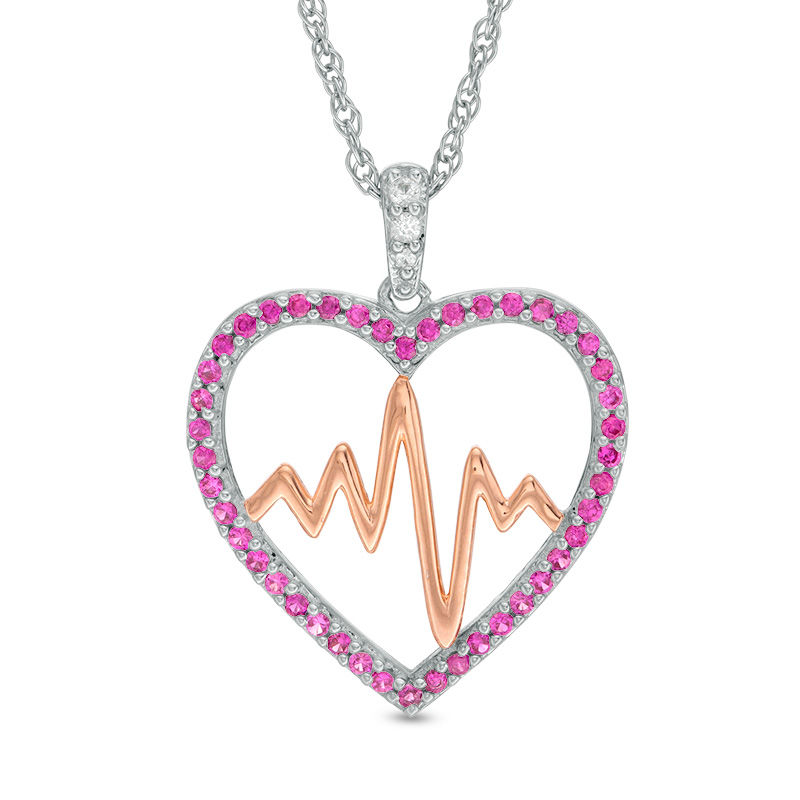 Main Image 1 of Lab-Created Ruby and White Sapphire Heartbeat Pendant in Sterling Silver and 14K Rose Gold Plate