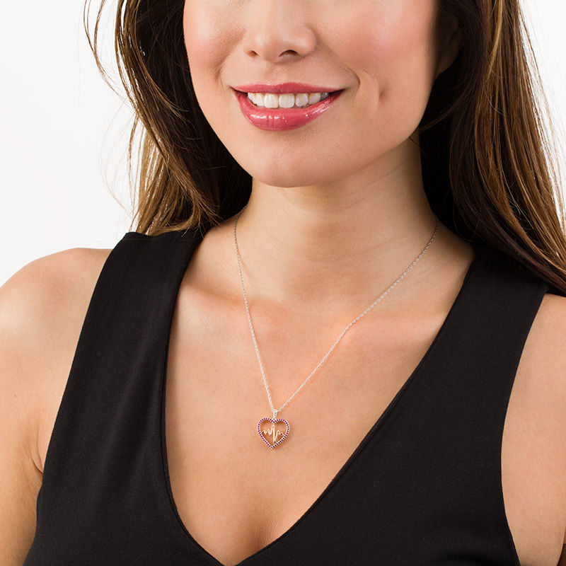 Main Image 2 of Lab-Created Ruby and White Sapphire Heartbeat Pendant in Sterling Silver and 14K Rose Gold Plate
