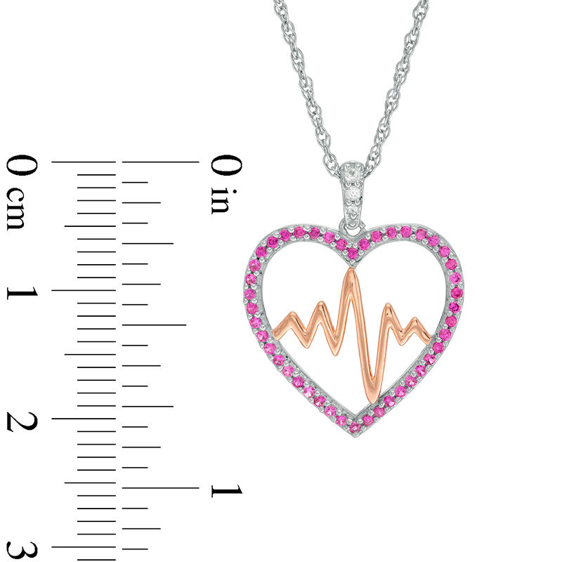Main Image 3 of Lab-Created Ruby and White Sapphire Heartbeat Pendant in Sterling Silver and 14K Rose Gold Plate