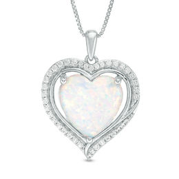 12.0mm Heart-Shaped Lab-Created Opal and White Sapphire Swirl Frame Pendant in Sterling Silver