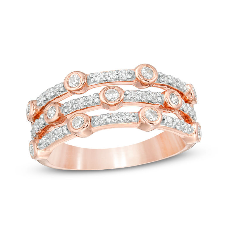 1/2 CT. T.W. Diamond Bezel-Set Station Multi-Row Stacked Ring in 10K Rose Gold