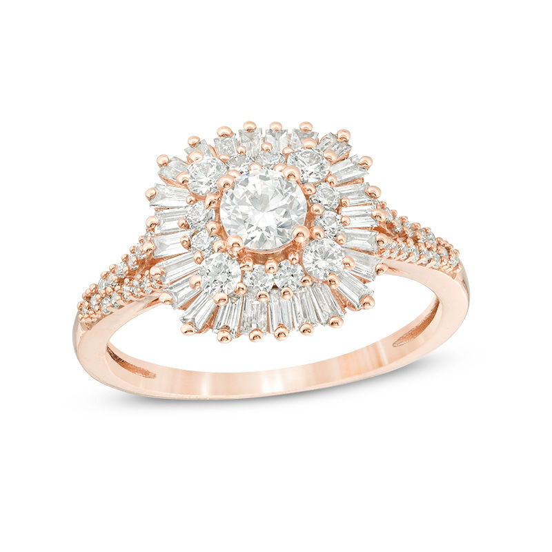 1 CT. T.W.  Baguette and Round Diamond Starburst Frame  Ring in 14K Rose Gold