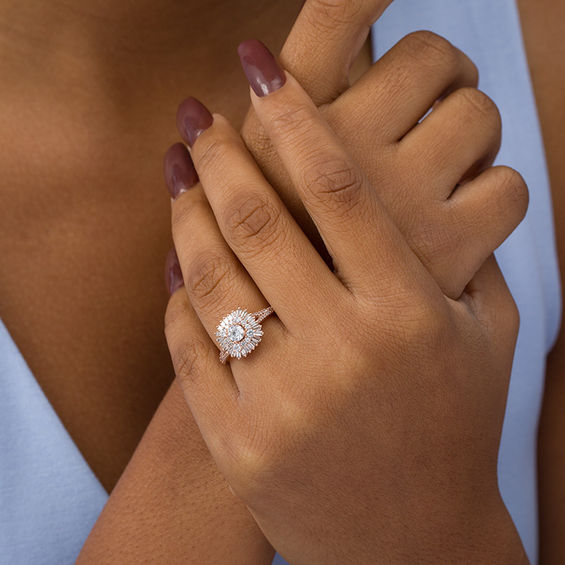 1 CT. T.w. Baguette and Round Diamond Starburst Frame Ring in 14K Rose Gold
