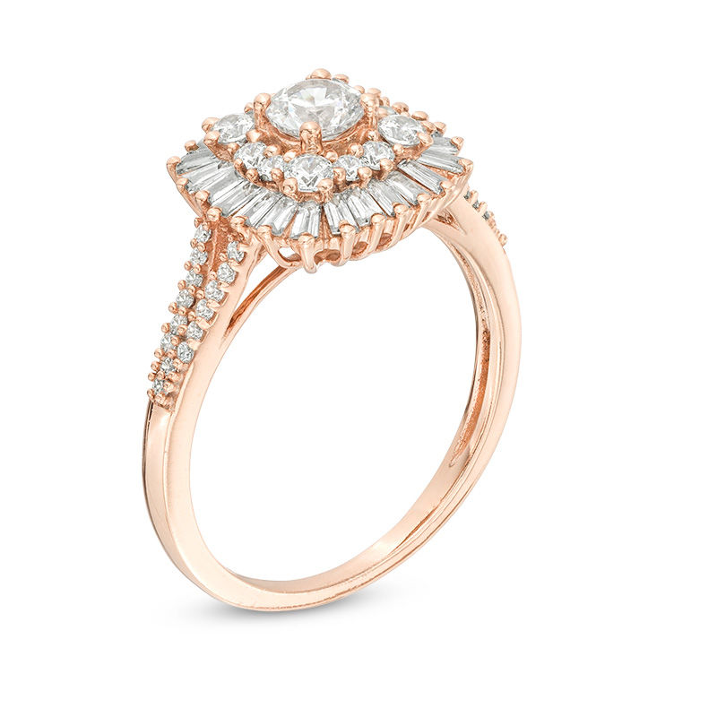 1 CT. T.W.  Baguette and Round Diamond Starburst Frame  Ring in 14K Rose Gold