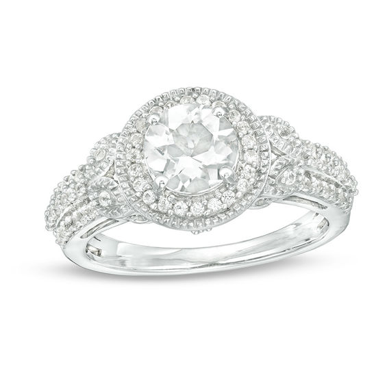 6.5mm Lab-Created White Sapphire Double Frame Leaf Side Accent Triple Row Ring in Sterling Silver 6.5mm Lab-Created White Sapphire Double Frame Leaf Side Accent Triple Row Ring in Sterling Silver