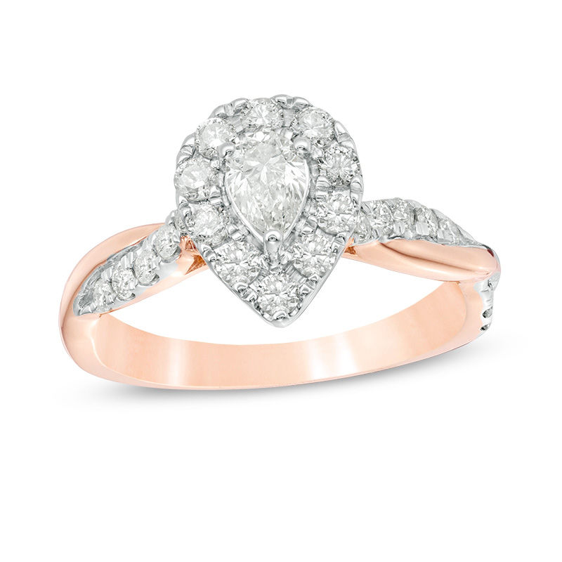 7/8 CT. T.W. Pear-Shaped Diamond Frame Twist Shank Engagement Ring in 10K Rose Gold