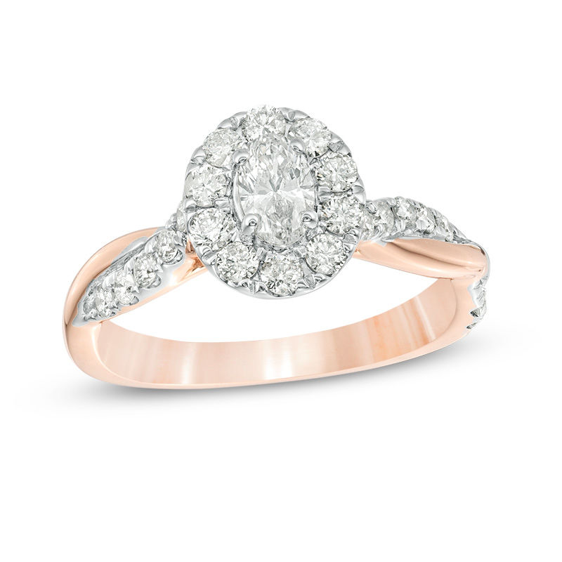 7/8 CT. T.W. Oval Diamond Frame Twist Shank Engagement Ring in 10K Rose Gold