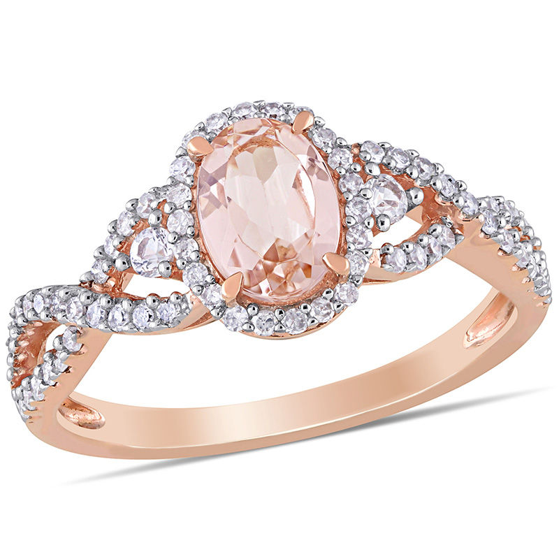 Oval Morganite, White Sapphire and 1/3 CT. T.W. Diamond Frame Side Accent Twist Shank Ring in 10K Rose Gold